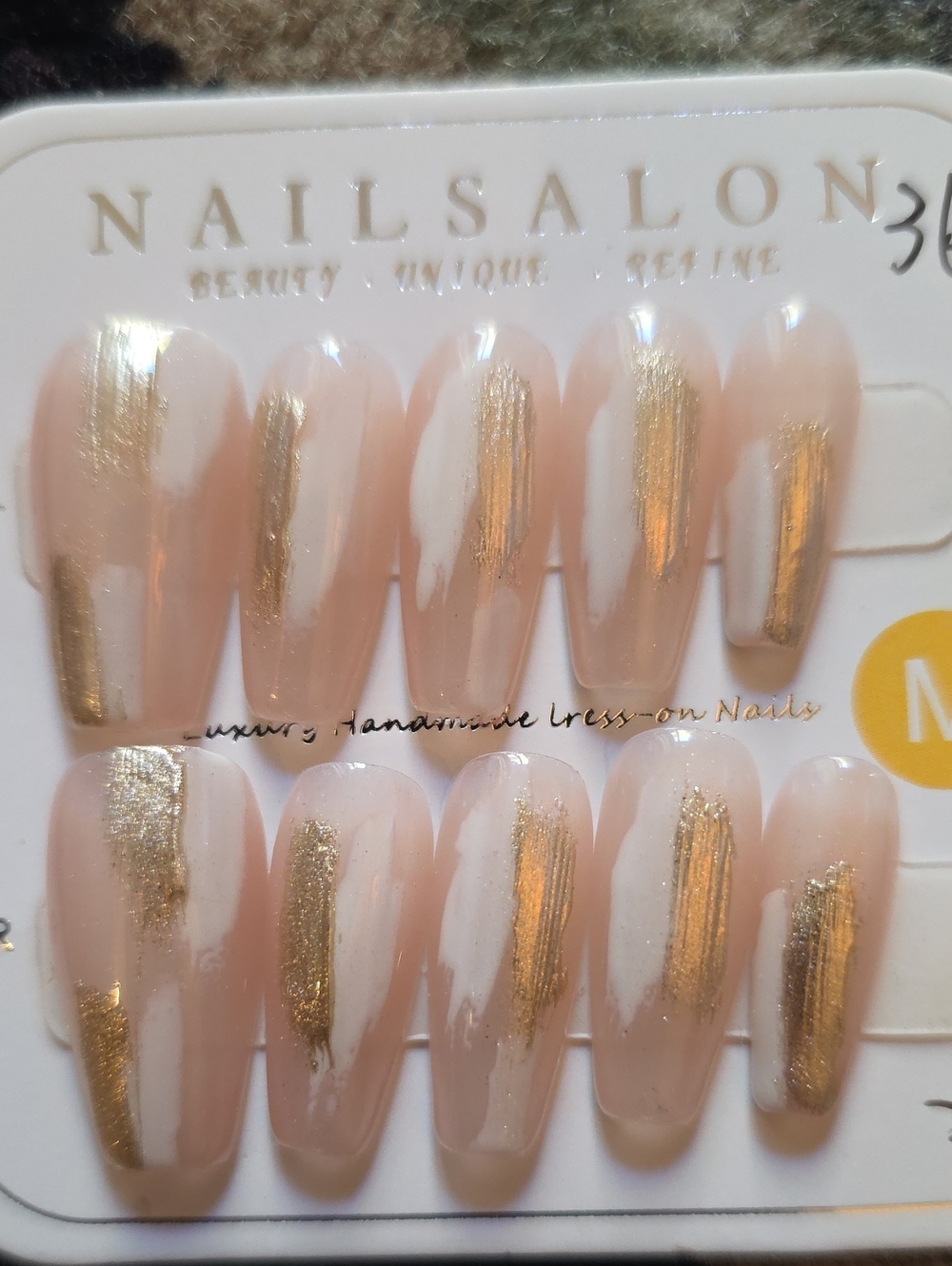 Gold Brush Stroke Press-On Nail Set - Nude Size Med